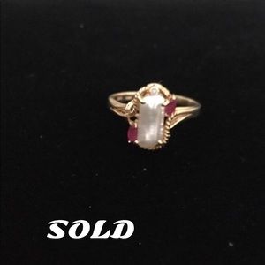 SOLD. 14k GOLD PEARL, DIAMOND, RUBY RING. SOLD